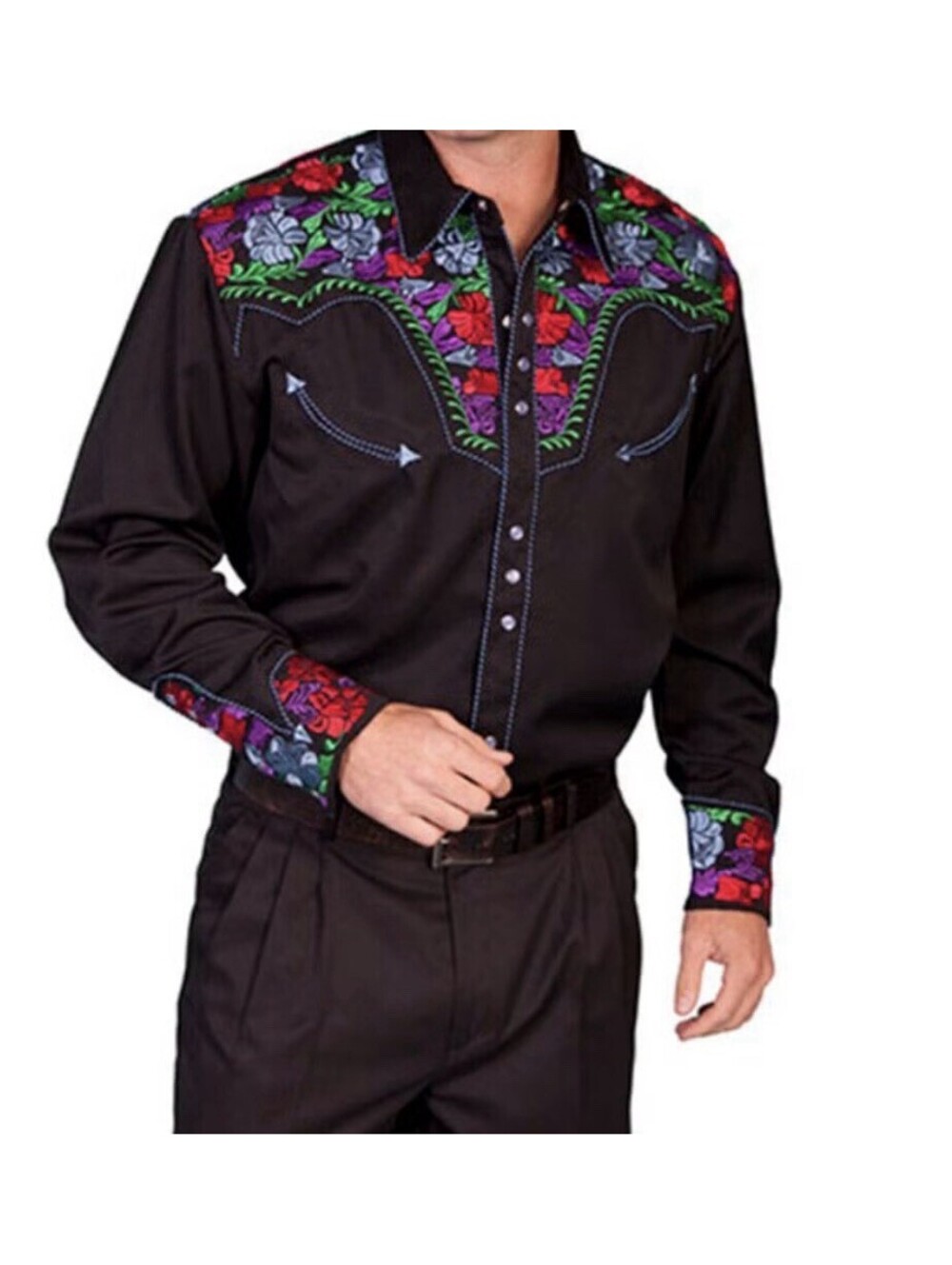 Scully Shirt Men 3X Black Retro Gunfighter Western Snap Front Embroidered Floral